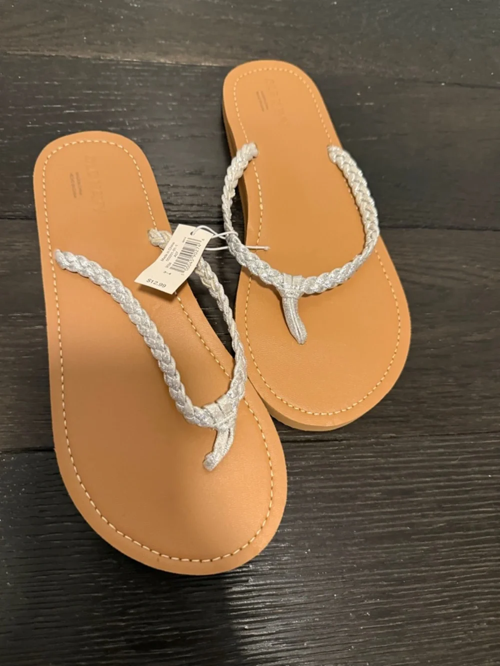 Old Navy Silver Braided Thong Sandals with Tan Footbed